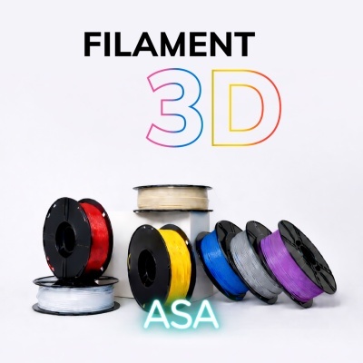 Carretéis coloridos de filamento 3D ASA sobre superfície branca com texto FILAMENT 3D e ASA