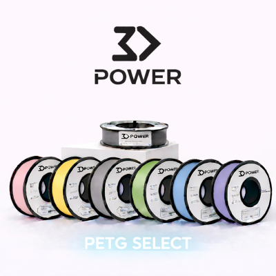 Bobinas multicoloridas de filamento 3D POWER para impressão 3D com texto PETG SELECT.