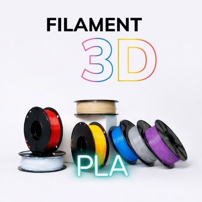 Rolos coloridos de filamento PLA para impressora 3D com texto indicativo.