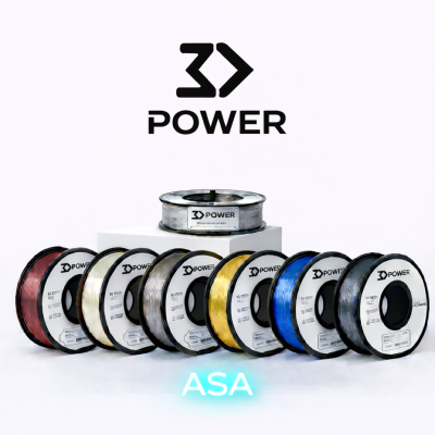 Bobinas de filamento 3D Power de várias cores em fundo branco com texto ASA em luz azul