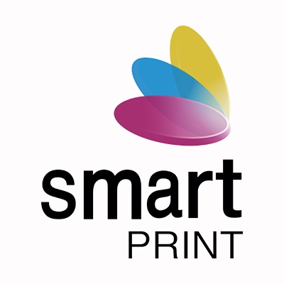 Logótipo com texto smart PRINT e formas ovais coloridas
