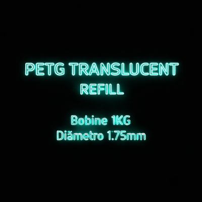 Texto luminoso azul sobre fundo preto com informações sobre PETG TRANSLUCENT REFILL.