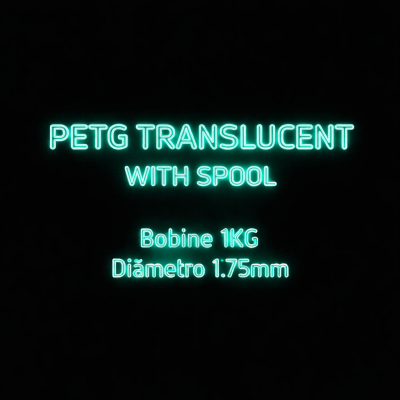 Texto luminoso com informações de filamento PETG translúcido para impressão 3D.