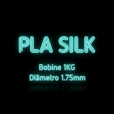 Texto luminoso azul turquesa PLA SILK com detalhes técnico em fundo preto.