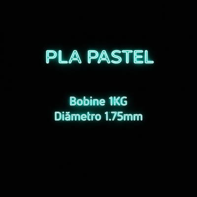 Texto com especificações de produto em neon azul sobre fundo preto