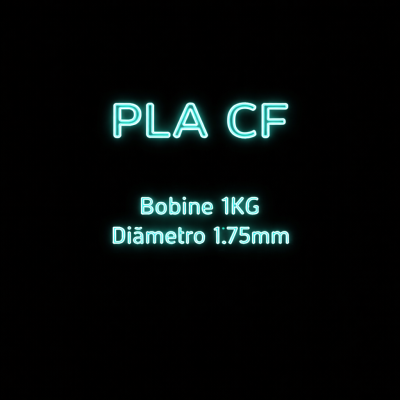 Texto luminoso em azul em fundo preto a indicar PLA CF Bobine 1KG Diâmetro 1.75mm.