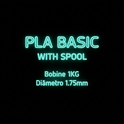 Texto em luz neon azul com informações de produto em fundo negro