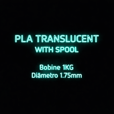 Texto azul neón em fundo preto sobre filamento PLA translúcido para impressora 3D.