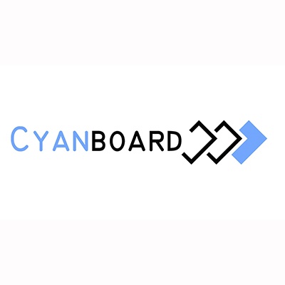 Logotipo CYANBOARD com símbolos geométricos e seta azul