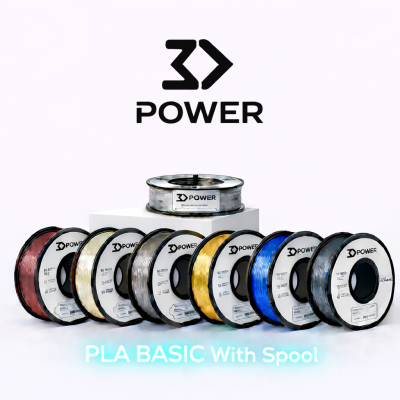 Bobinas de filamento 3D POWER para impressora 3D em várias cores, dispostas sobre fundo branco.