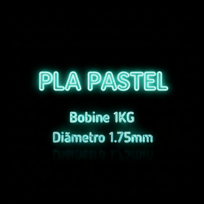 Texto em néon azul-clarinho: PLA PASTEL, Bobine 1KG, Diâmetro 1.75mm sobre fundo preto