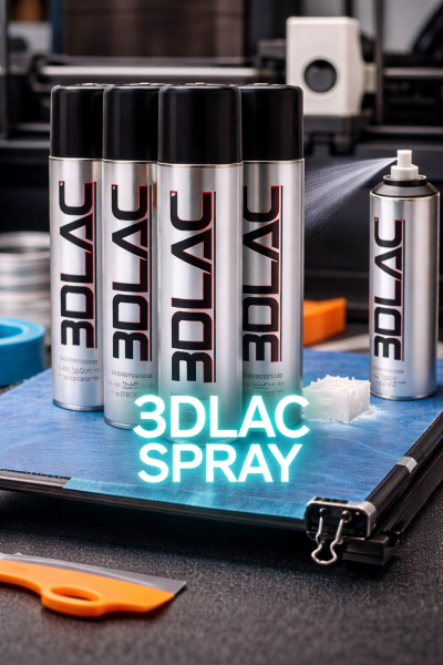 Latas metálicas de spray 3DLAC com tampa preta e spray ativo numa oficina.