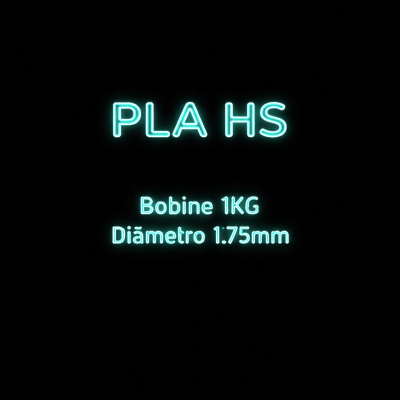 Texto em luz neon azul com especificações PLA HS Bobine 1KG Diâmetro 1.75mm