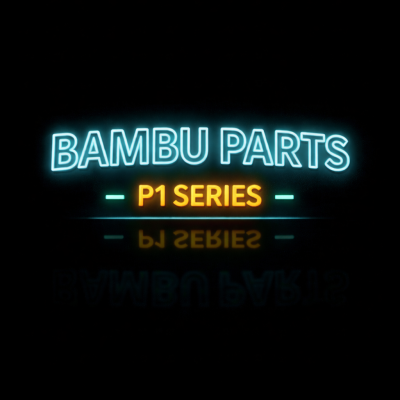 Placa de neón com texto BAMBU PARTS em azul e P1 SERIES em amarelo sobre fundo preto