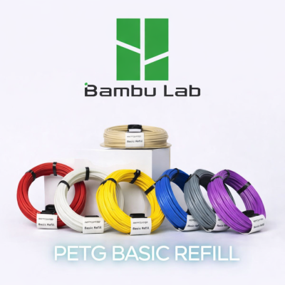 Rolos de filamento PETG coloridos da Bambu Lab etiquetados Basic Refill