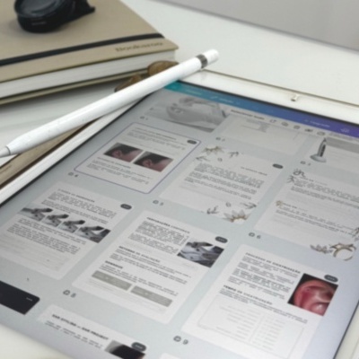 Tablet branco com caneta digital branca em cima de mesa com cadernos e objeto preto negro