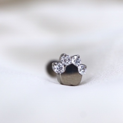 Brinco prateado em forma de pata de animal com pedras brilhantes