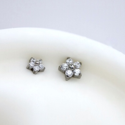 Brincos pequenos em forma de flor com pedras brilhantes em metal prateado