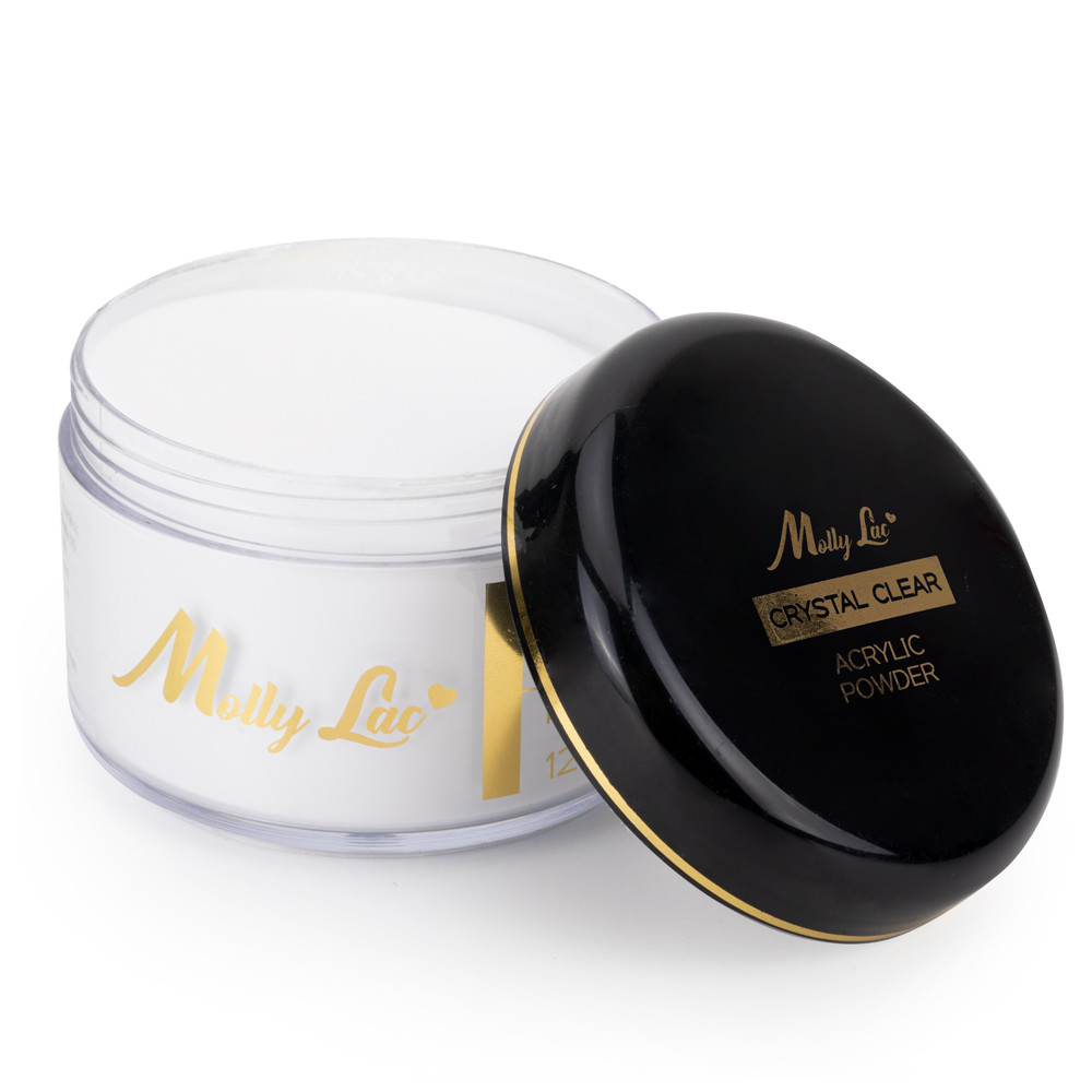 MollyLac Acrílico Pó Transparente 30 g Pote de pó acrílico transparente Molly Lac com tampa preta e dourada