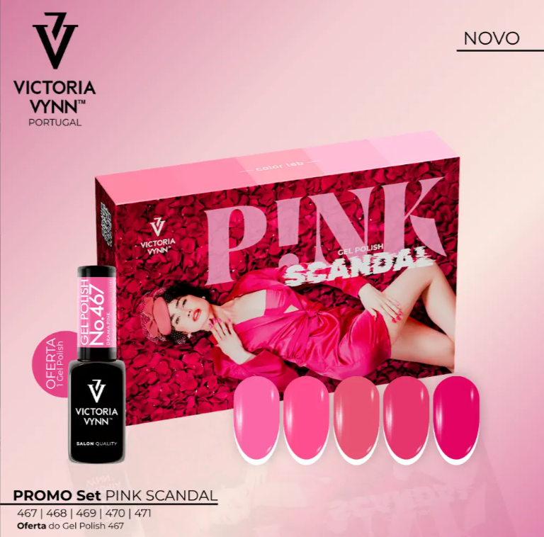 PROMO Set – GEL POLISH PINK SCANDAL Conjunto de vernizes gel PINK SCANDAL da Victoria Vynn com caixa e cinco amostras de cor rosa.