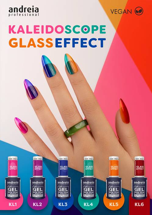 COLEÇÃO KALEIDOSCOPE – GLASS EFFECT Esmaltes de gel Andreia Professional com efeito vidro colorido e texto Kaleidoscope Glass Effect e Vegan