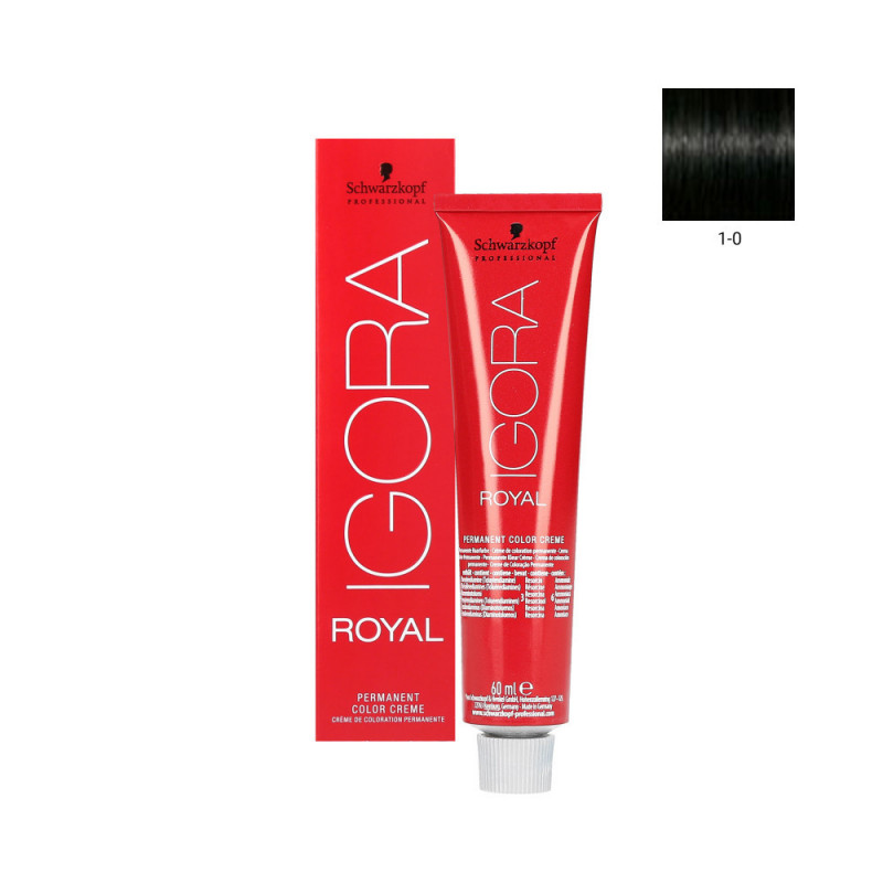 IGORA ROYAL 1-0 PRETO NATURAL 60G Tubo e caixa vermelha de tinta de cabelo Schwarzkopf IGORA Royal cor preta 1-0
