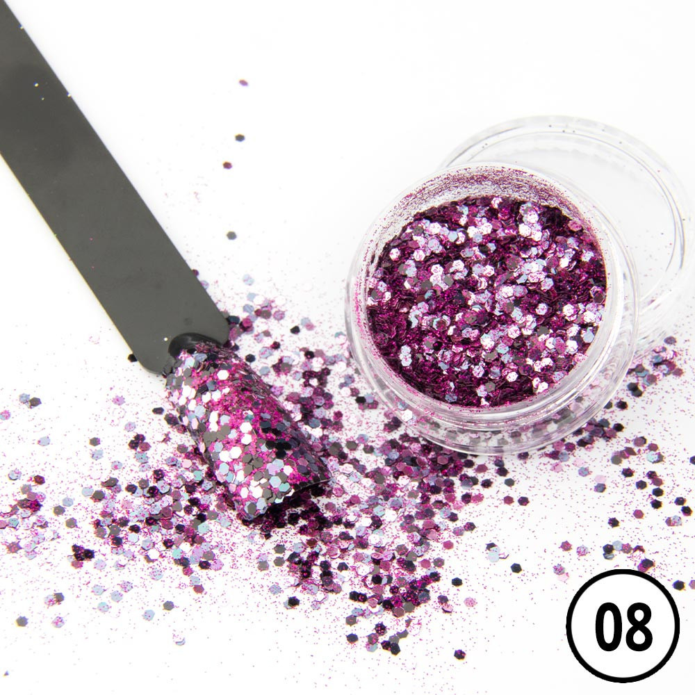 Efeito After Party - pó para unhas de joias 1g No. 08 Purpurina rosa metálica em pote transparente com amostra em suporte preto e número 08