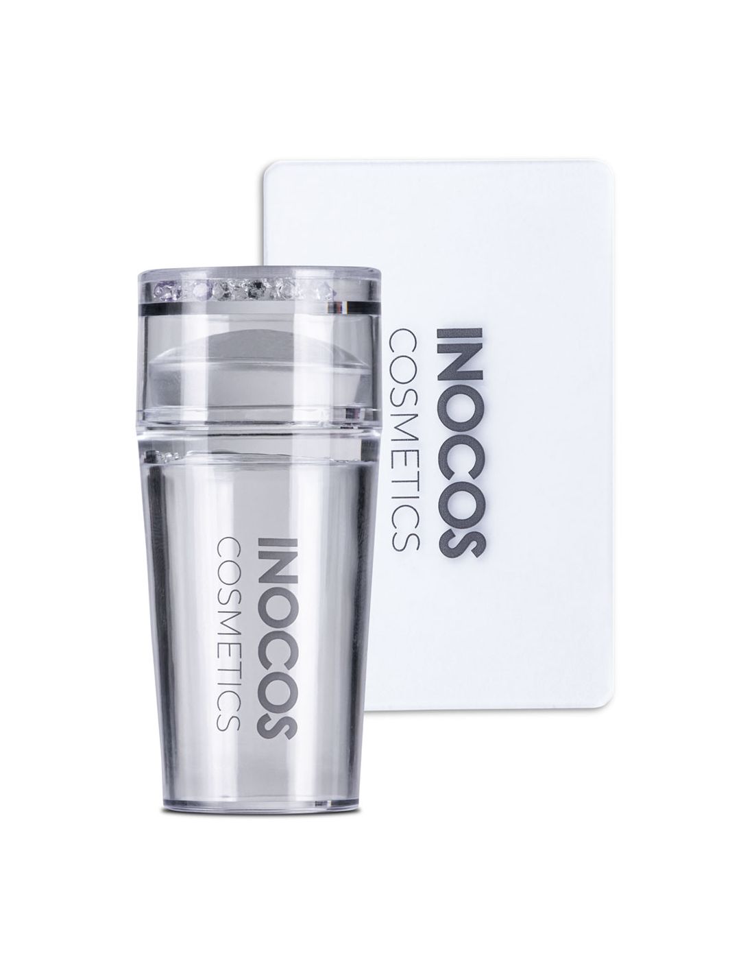 Carimbo e Raspador 02 Nail Art - Inocos Frasco transparente e cartão branco com texto INOCOS COSMETICS