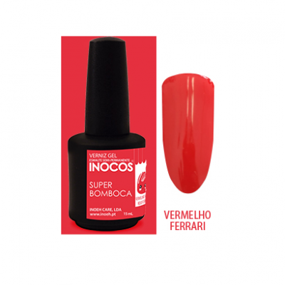 Verniz gel para unhas INOCOS SUPER BOMBOCA Vermelho Ferrari com frasco preto e rótulo vermelho e branco