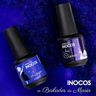 dois frascos de verniz gel INOCOS azul e roxo em fundo azul texturizado