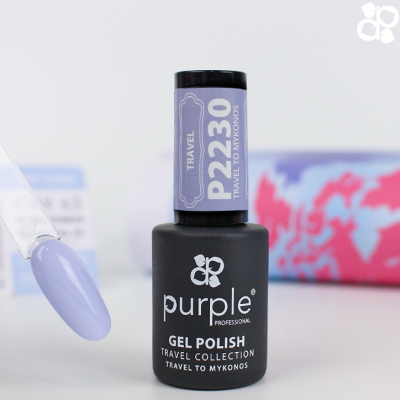 Frasco de verniz gel preto com rótulo lilás e aplicador com verniz lilás claro