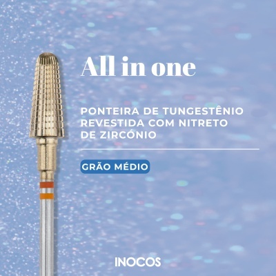 Ferramenta para manicure com ponteira metálica em fundo azul brilhante e texto promocional.