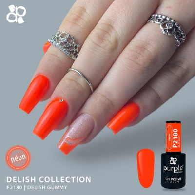 Unhas laranja néon com detalhe rosa glitter e frascos de verniz de gel Purple Gel Polish P2180