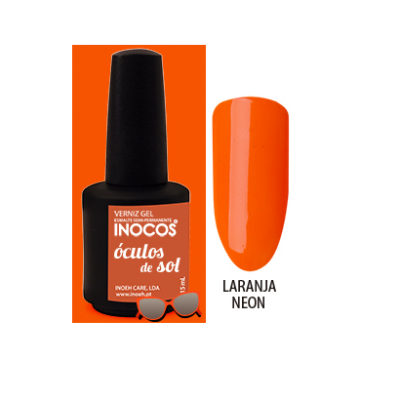 Verniz gel laranja neon da marca INOCOS com amostra da cor e texto