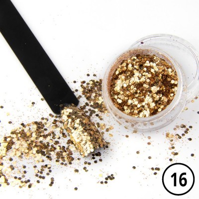 Pó de glitter dourado em pote transparente com espátula preta