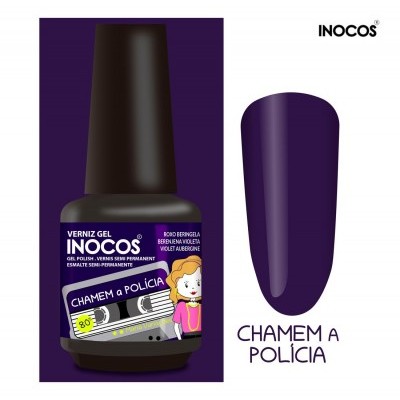 Verniz gel INOCOS roxo com etiqueta CHAMEM A POLÍCIA e amostra de cor