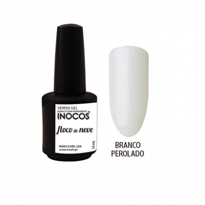Verniz gel INOCOS floco de neve branco perolado com frasco e amostra de cor