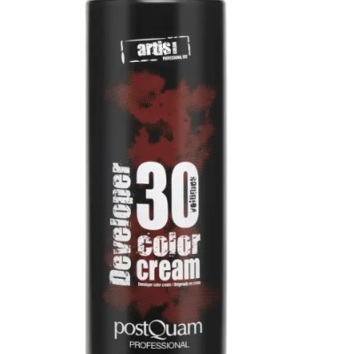 Frasco preto de plástico com texto branco e vermelho 'Developer 30 color cream'