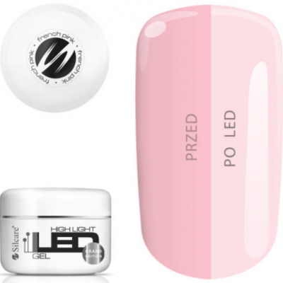 Gel para unhas em embalagem branca com tampa e amostra de cor rosa claro com indicação antes e depois da aplicação