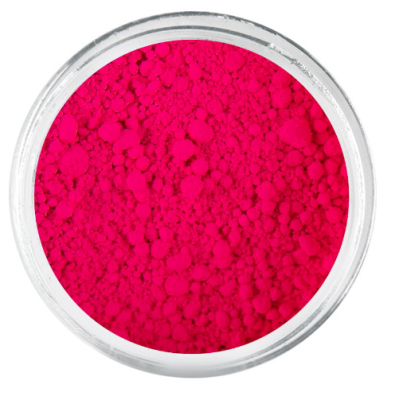 Pó pigmento rosa vibrante em recipiente transparente redondo