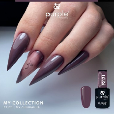 Unhas pintadas com verniz gel roxo escuro com design minimalista e frasco de verniz da marca purple