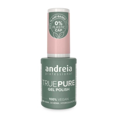 Frasco de verniz gel para unhas verde True Pure Andreia Professional com tampa rosa e etiqueta