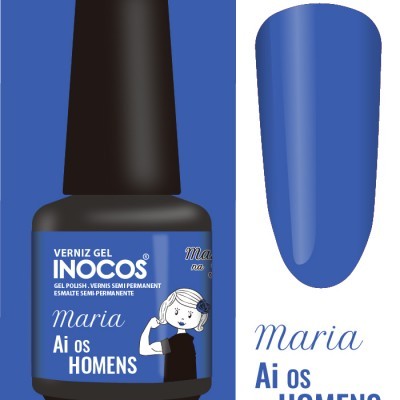 Frasco de verniz gel azul da marca Inocos com etiqueta e amostra da cor ao lado