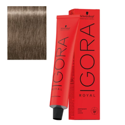 Tinta de cabelo IGORA ROYAL cor 3-1 castanho escuro com tubo e caixa vermelhos ao lado de amostra de cor de cabelo castanho.