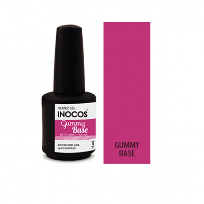 Frasco de verniz gel INOCOS Gummy Base com amostra de cor fúcsia