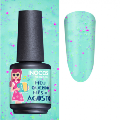 Frasco de verniz gel azul esverdeado com glitter rosa e azul e amostra da cor em unha