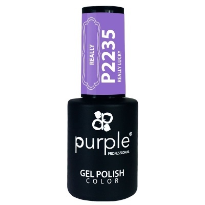 Frasco de verniz gel para unhas preto fosco com tampa roxa e texto branco