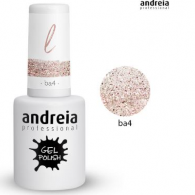 Frasco branco de verniz gel Andreia Professional ba4 com glitter rosa claro