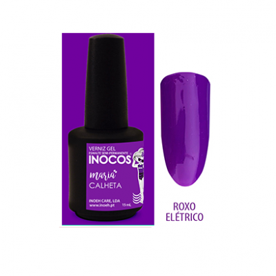 Frasco verniz gel INOCOS cor roxo elétrico com amostra de cor