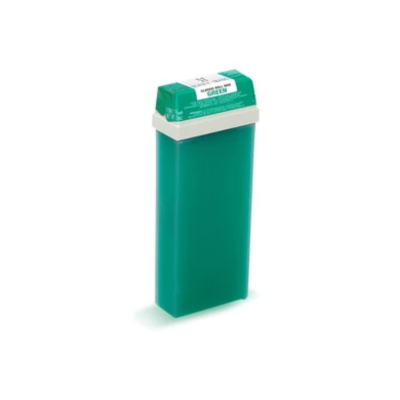 Recipiente rectangular verde com tampa branca e rótulo verde e branco